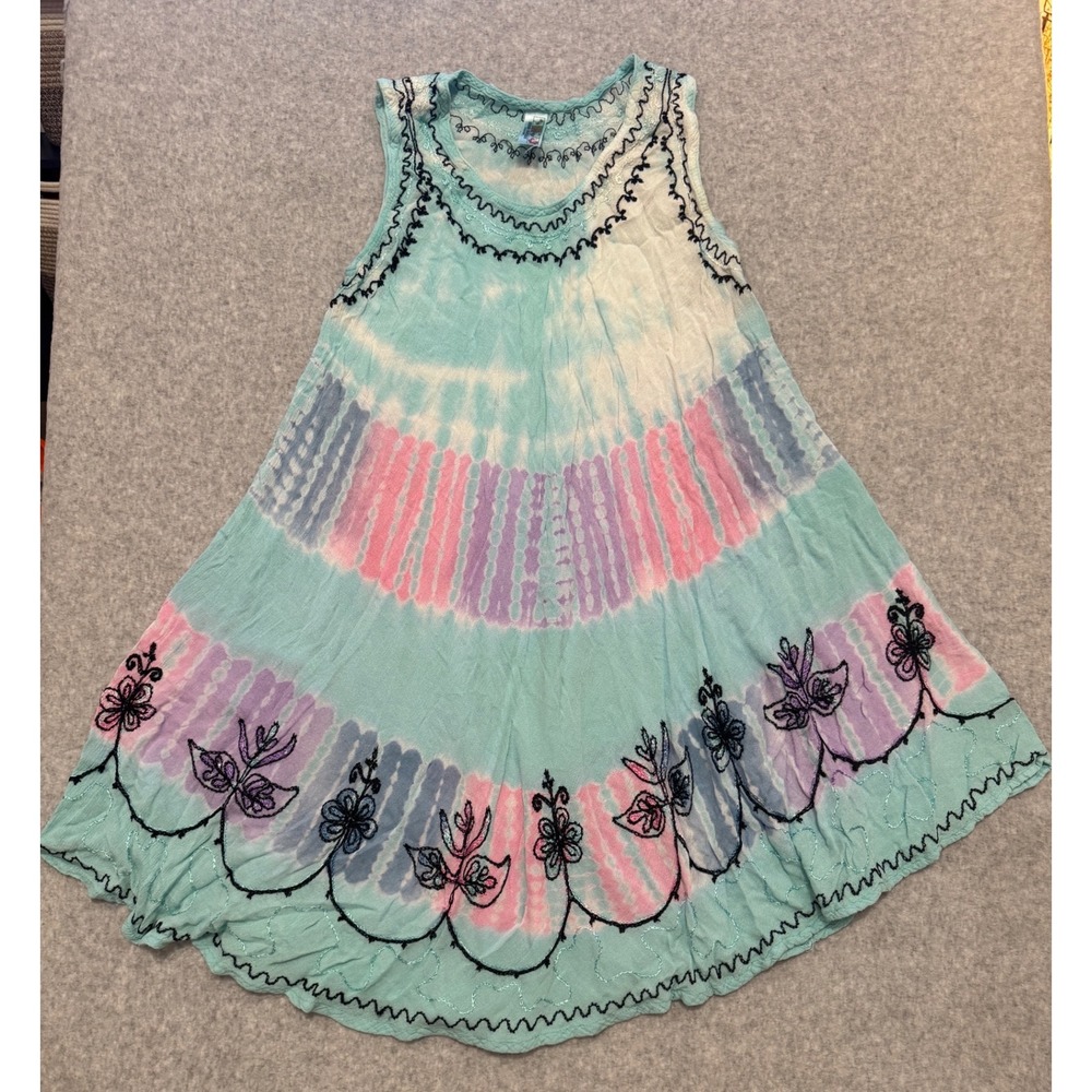 India Boutique Tie Dye Embroidered Sleeveless Tunic Dress Turquoise Pink OS Y2K
